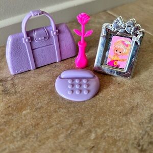 Vintage Barbie Accessory - Pink Flower In A Vase, Phone, Purse, & Picture Frame